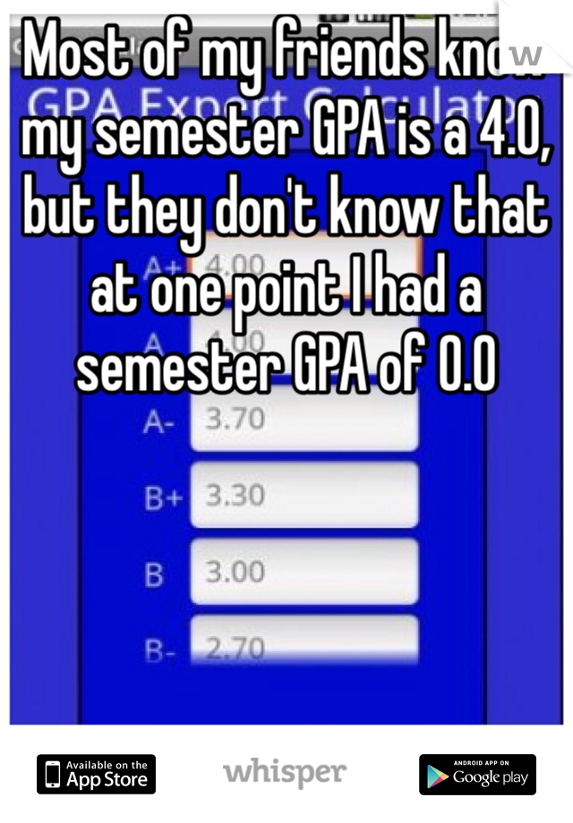 Most of my friends know my semester GPA is a 4.0, but they don't know that at one point I had a semester GPA of 0.0