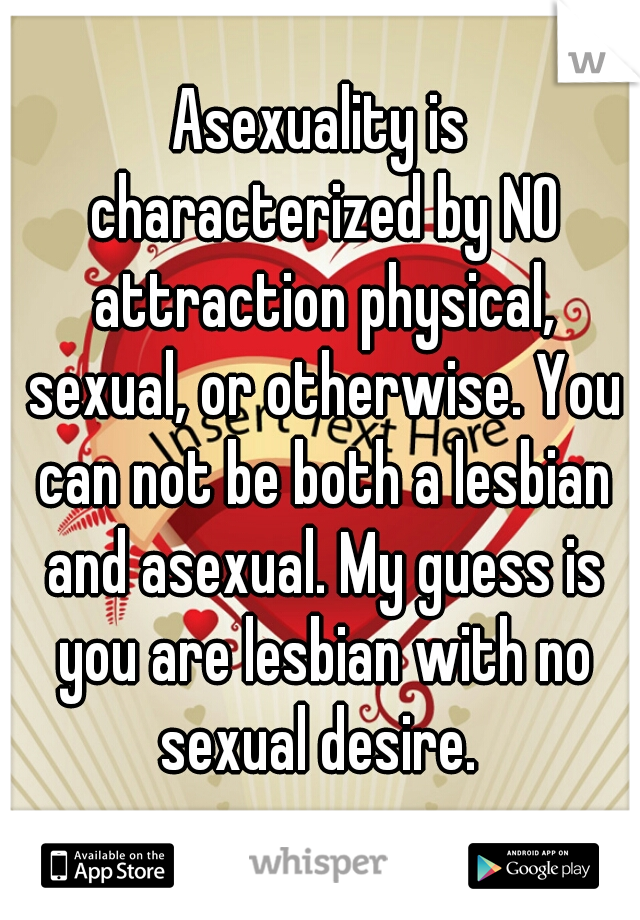 Asexuality is characterized by NO attraction physical, sexual, or otherwise. You can not be both a lesbian and asexual. My guess is you are lesbian with no sexual desire. 