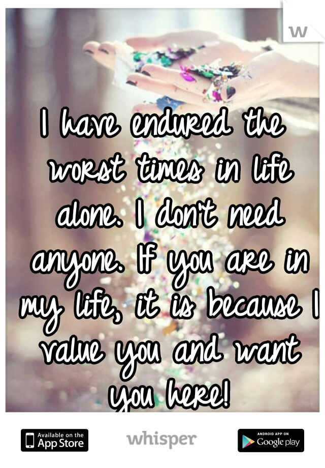 I have endured the worst times in life alone. I don't need anyone. If you are in my life, it is because I value you and want you here!