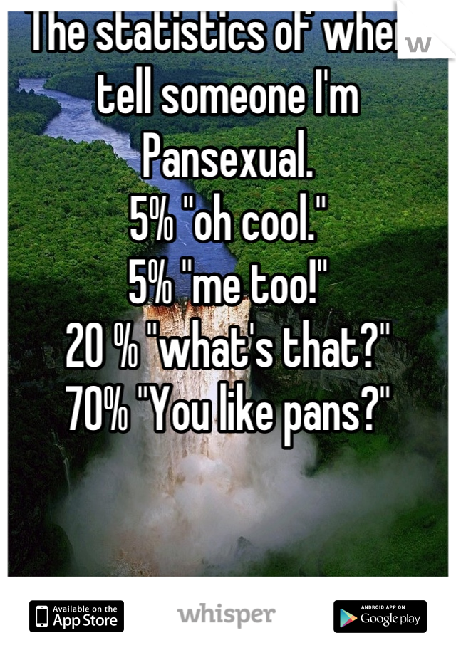 The statistics of when I tell someone I'm Pansexual. 
5% "oh cool."
5% "me too!"
20 % "what's that?"
70% "You like pans?"