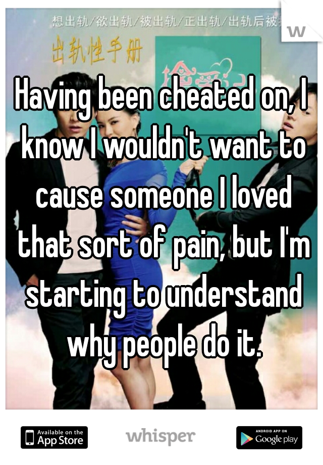 Having been cheated on, I know I wouldn't want to cause someone I loved that sort of pain, but I'm starting to understand why people do it.