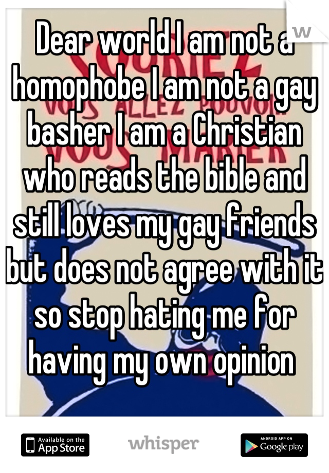 Dear world I am not a homophobe I am not a gay basher I am a Christian who reads the bible and still loves my gay friends but does not agree with it so stop hating me for having my own opinion 