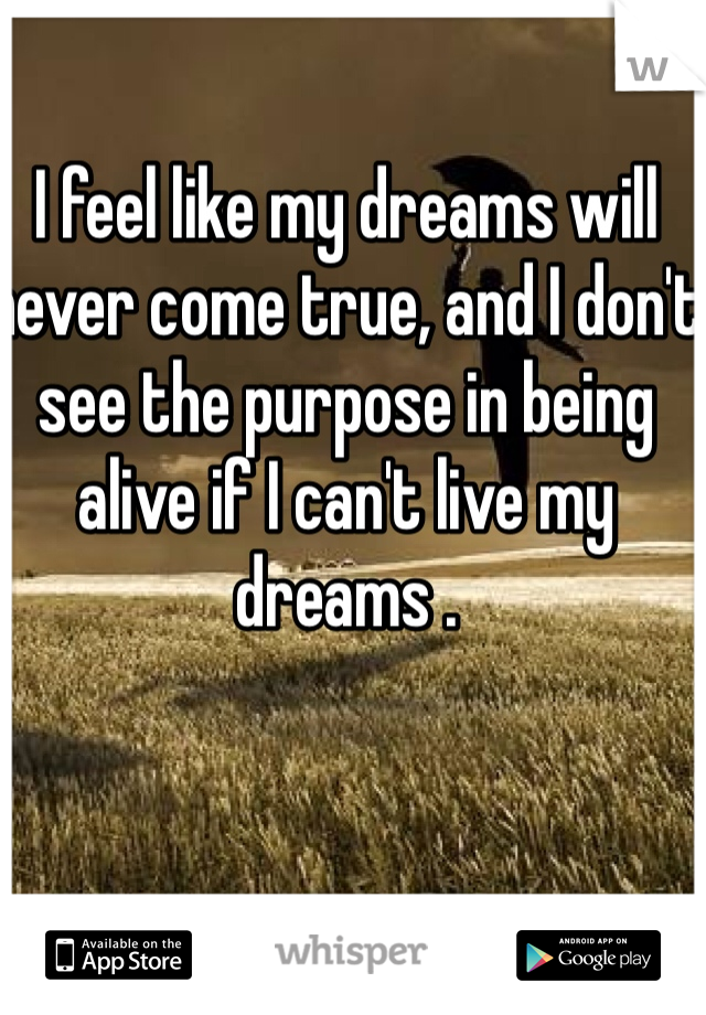 I feel like my dreams will never come true, and I don't see the purpose in being alive if I can't live my dreams .