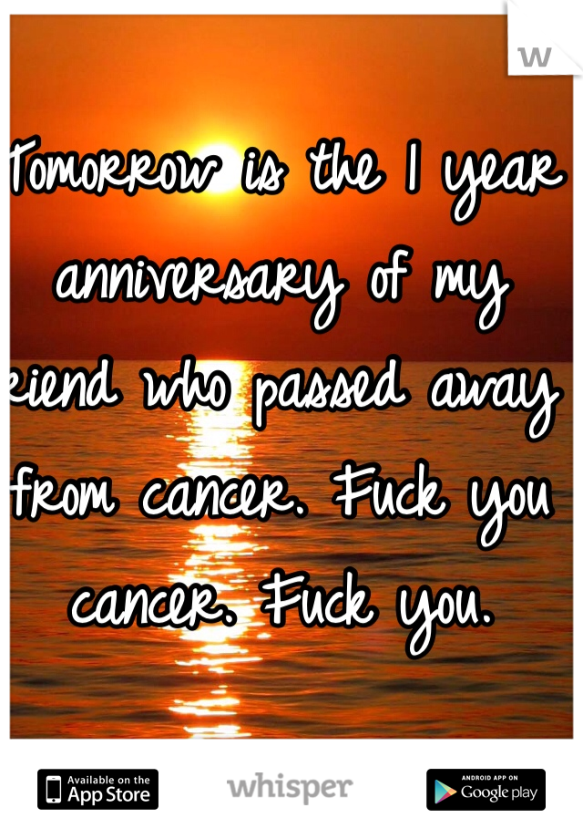 Tomorrow is the 1 year anniversary of my friend who passed away from cancer. Fuck you cancer. Fuck you. 