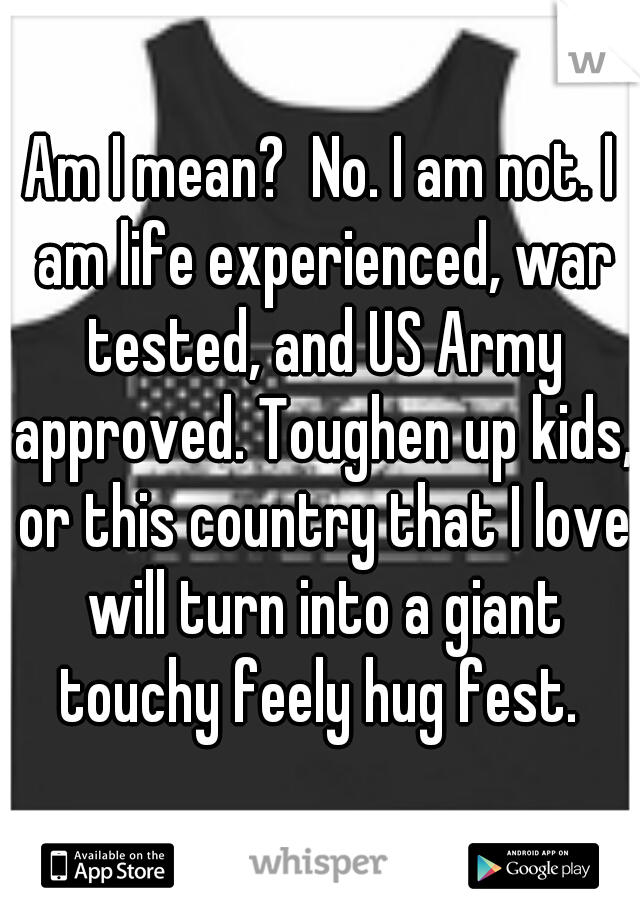 Am I mean?  No. I am not. I am life experienced, war tested, and US Army approved. Toughen up kids, or this country that I love will turn into a giant touchy feely hug fest. 