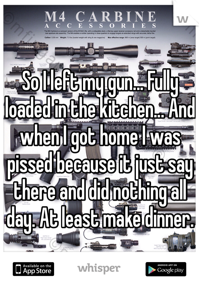 So I left my gun... Fully loaded in the kitchen... And when I got home I was pissed because it just say there and did nothing all day. At least make dinner. 
