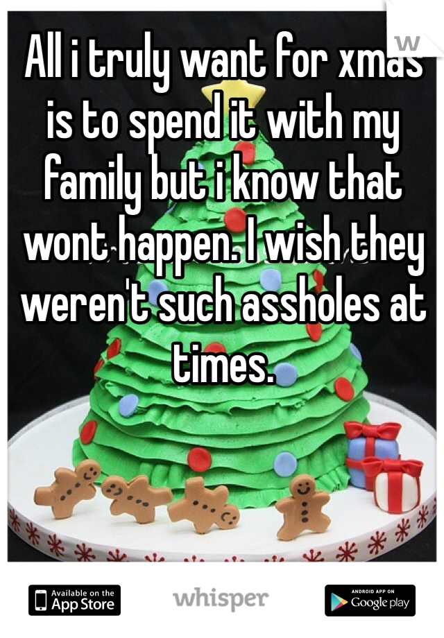 All i truly want for xmas is to spend it with my family but i know that wont happen. I wish they weren't such assholes at times. 