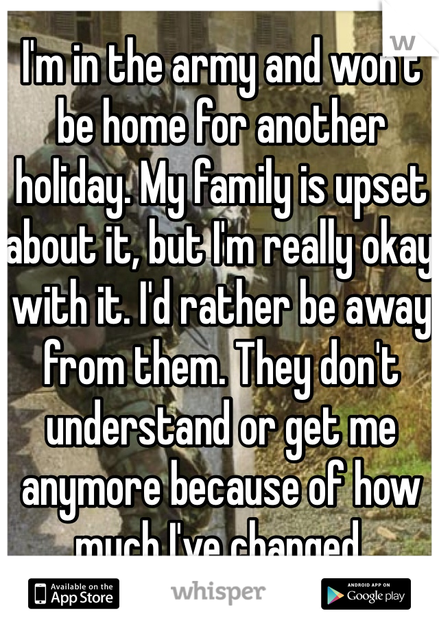 I'm in the army and won't be home for another holiday. My family is upset about it, but I'm really okay with it. I'd rather be away from them. They don't understand or get me anymore because of how much I've changed. 