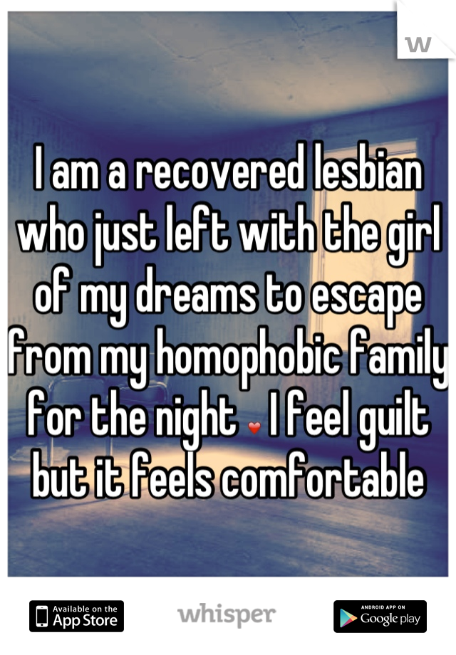 I am a recovered lesbian who just left with the girl of my dreams to escape from my homophobic family for the night ❤ I feel guilt but it feels comfortable