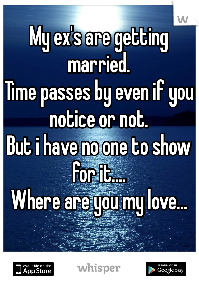 My ex's are getting married.
Time passes by even if you notice or not.
But i have no one to show for it....
Where are you my love...