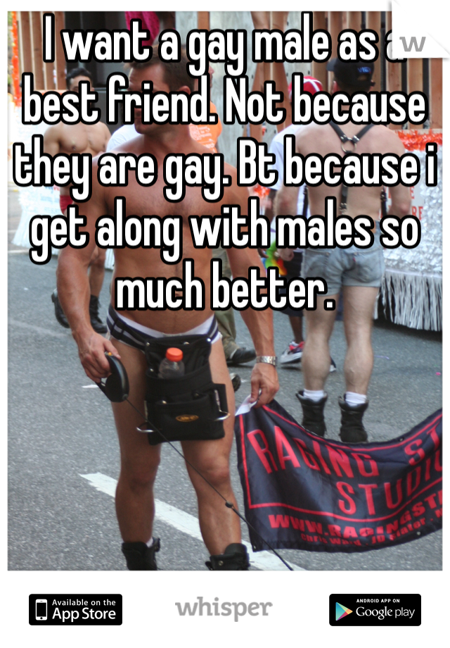 I want a gay male as a best friend. Not because they are gay. Bt because i get along with males so much better. 