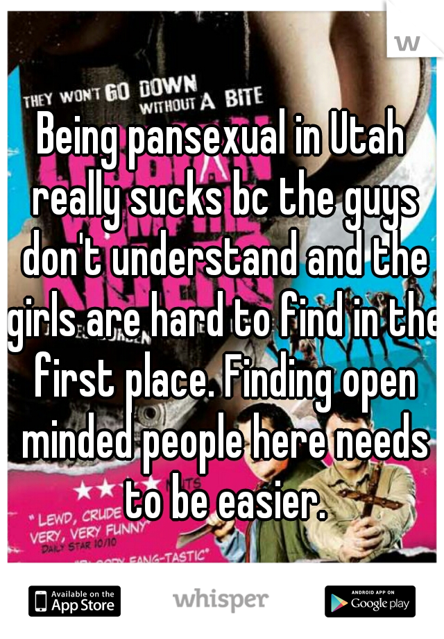 Being pansexual in Utah really sucks bc the guys don't understand and the girls are hard to find in the first place. Finding open minded people here needs to be easier.