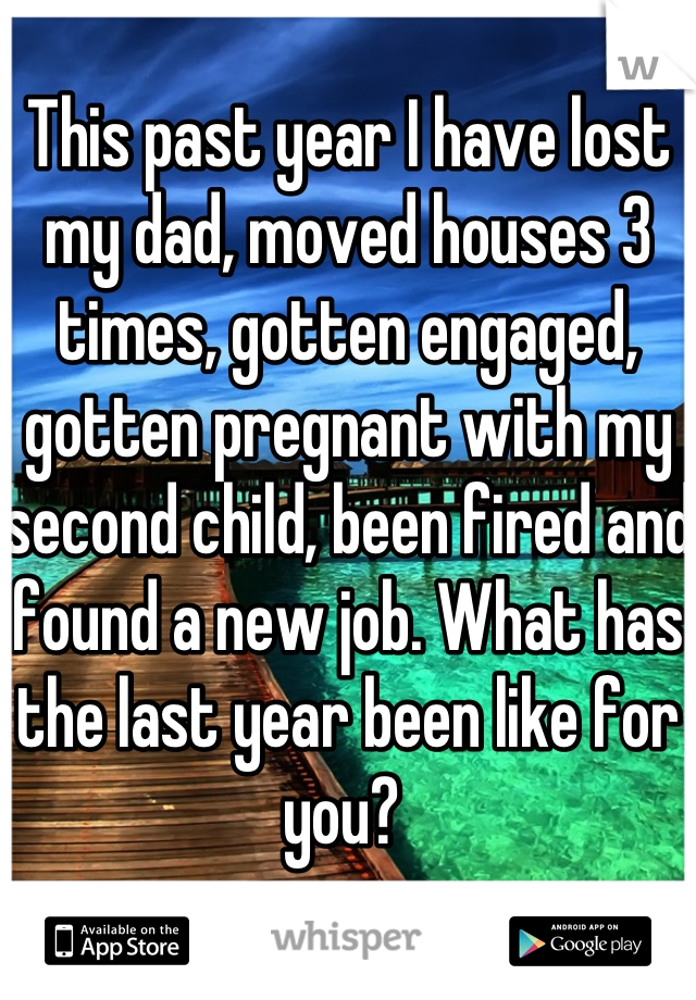 This past year I have lost my dad, moved houses 3 times, gotten engaged, gotten pregnant with my second child, been fired and found a new job. What has the last year been like for you? 