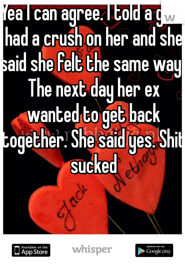 Yea I can agree. I told a girl I had a crush on her and she said she felt the same way. The next day her ex wanted to get back together. She said yes. Shit sucked