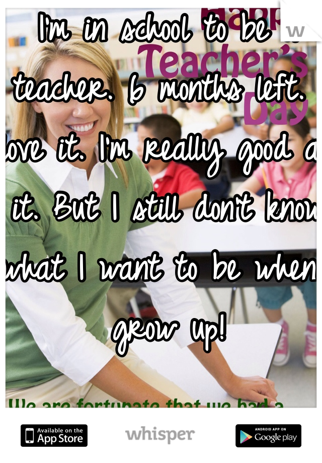 I'm in school to be a teacher. 6 months left. I love it. I'm really good at it. But I still don't know what I want to be when I grow up! 