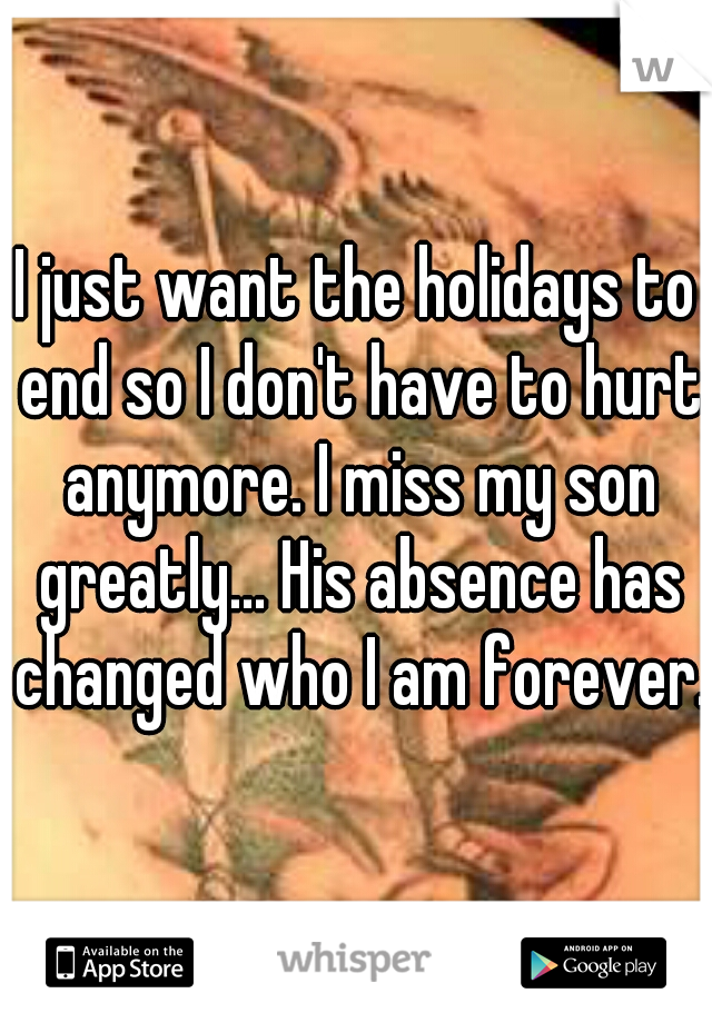 I just want the holidays to end so I don't have to hurt anymore. I miss my son greatly... His absence has changed who I am forever.  