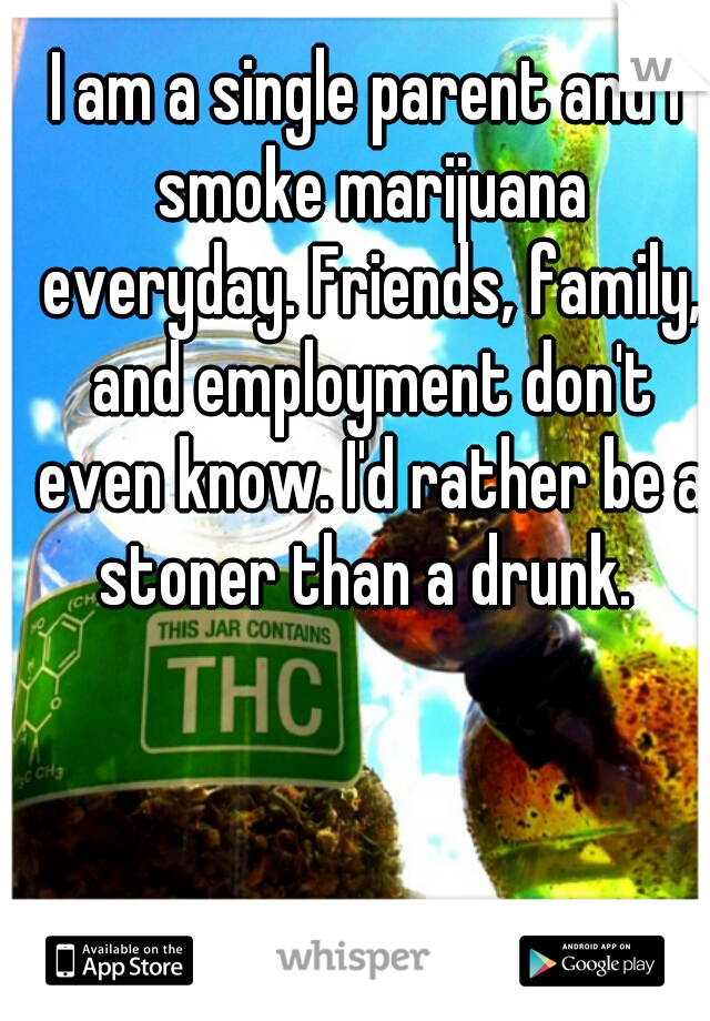 I am a single parent and I smoke marijuana everyday. Friends, family, and employment don't even know. I'd rather be a stoner than a drunk. 