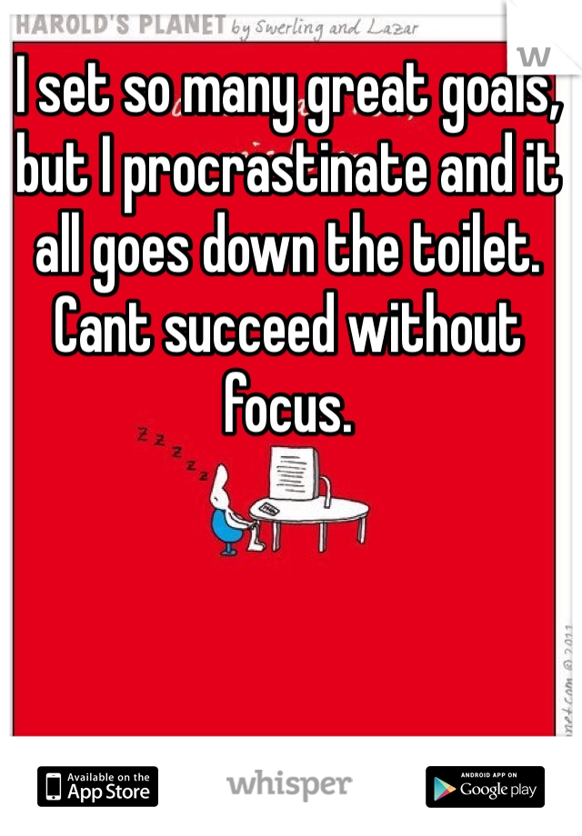 I set so many great goals, but I procrastinate and it all goes down the toilet. Cant succeed without focus.
