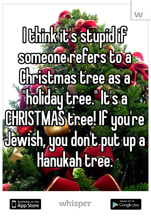 I think it's stupid if someone refers to a Christmas tree as a "holiday tree." It's a CHRISTMAS tree! If you're Jewish, you don't put up a Hanukah tree.