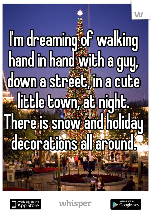 I'm dreaming of walking hand in hand with a guy, down a street, in a cute little town, at night. There is snow and holiday decorations all around.