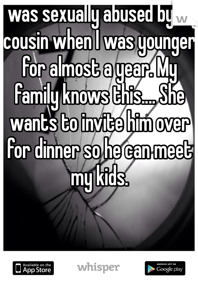 I was sexually abused by my cousin when I was younger for almost a year. My family knows this.... She wants to invite him over for dinner so he can meet my kids. 