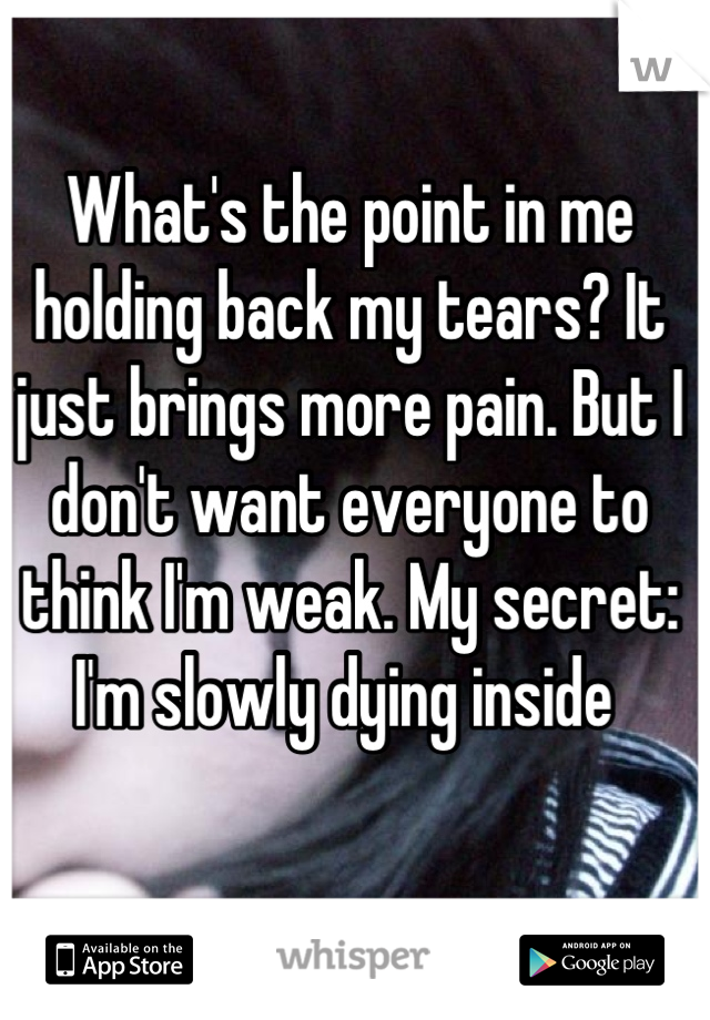 What's the point in me holding back my tears? It just brings more pain. But I don't want everyone to think I'm weak. My secret: I'm slowly dying inside 