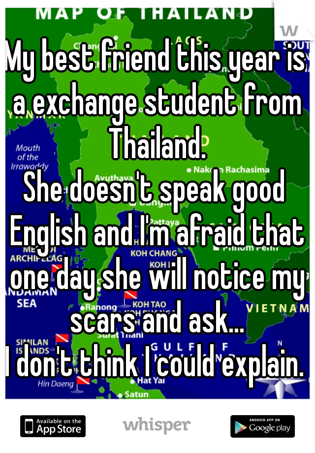 My best friend this year is a exchange student from Thailand.
She doesn't speak good English and I'm afraid that one day she will notice my scars and ask...
I don't think I could explain.