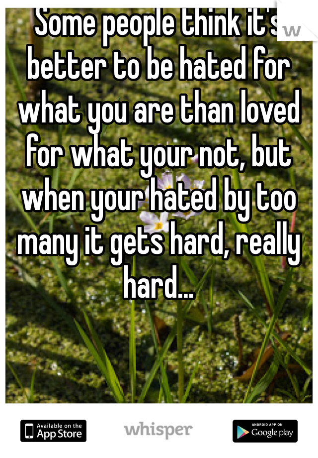 Some people think it's better to be hated for what you are than loved for what your not, but when your hated by too many it gets hard, really hard...