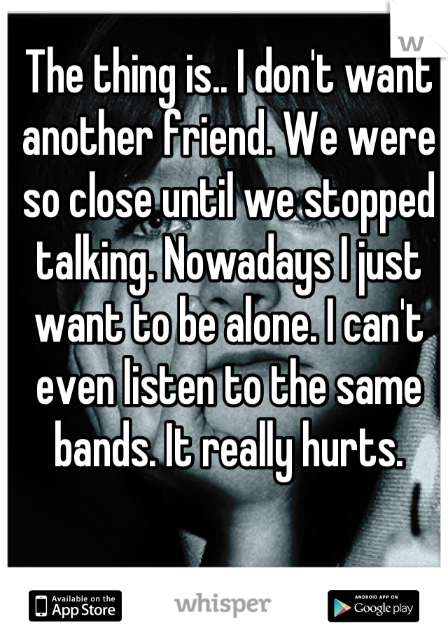 The thing is.. I don't want another friend. We were so close until we stopped talking. Nowadays I just want to be alone. I can't even listen to the same bands. It really hurts.