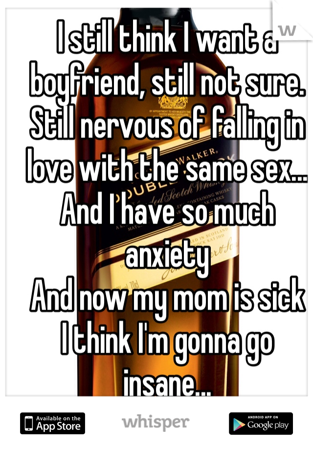 I still think I want a boyfriend, still not sure. 
Still nervous of falling in love with the same sex...
And I have so much anxiety
And now my mom is sick 
I think I'm gonna go insane...
