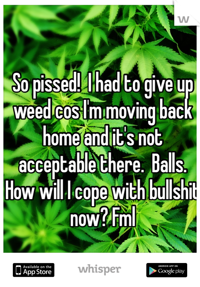 So pissed!  I had to give up weed cos I'm moving back home and it's not acceptable there.  Balls. How will I cope with bullshit now? Fml