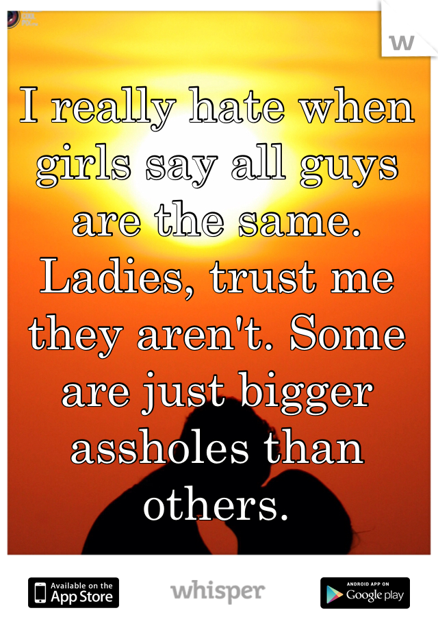 I really hate when girls say all guys are the same. Ladies, trust me they aren't. Some are just bigger assholes than others. 