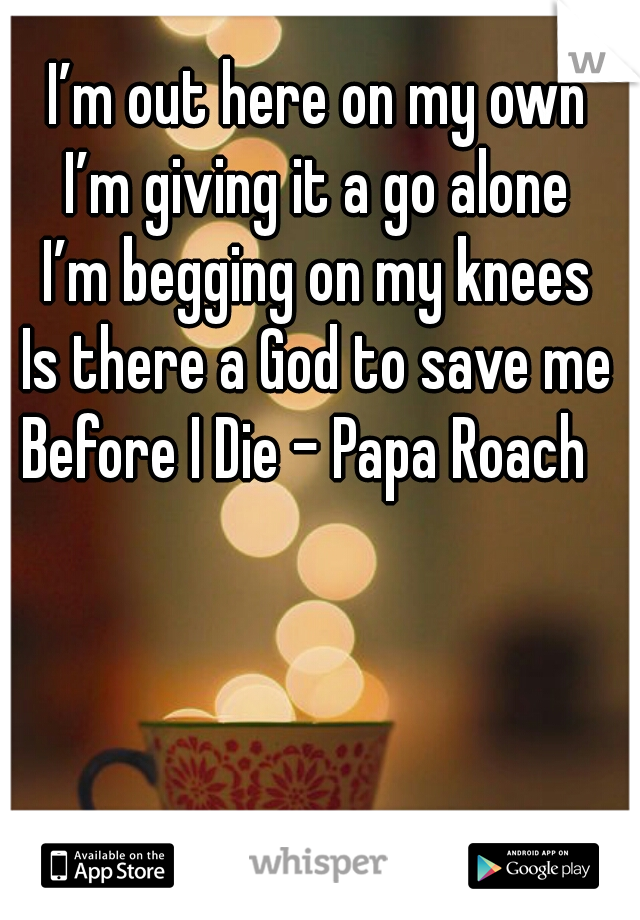 I’m out here on my own
I’m giving it a go alone
I’m begging on my knees
Is there a God to save me

Before I Die - Papa Roach  