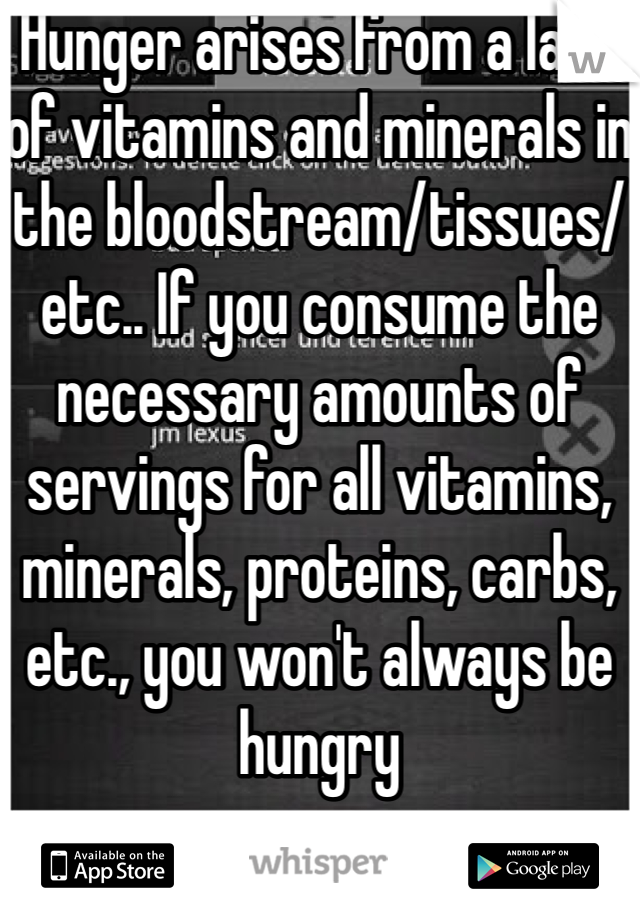 Hunger arises from a lack of vitamins and minerals in the bloodstream/tissues/etc.. If you consume the necessary amounts of servings for all vitamins, minerals, proteins, carbs, etc., you won't always be hungry