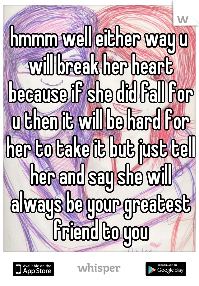 hmmm well either way u will break her heart because if she did fall for u then it will be hard for her to take it but just tell her and say she will always be your greatest friend to you