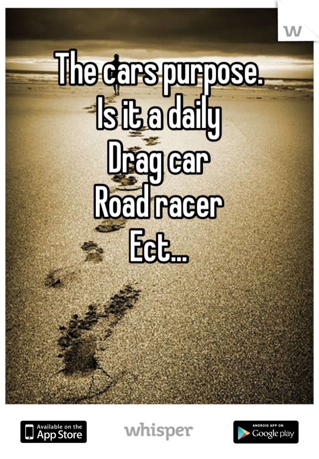 The cars purpose.
Is it a daily
Drag car 
Road racer 
Ect...