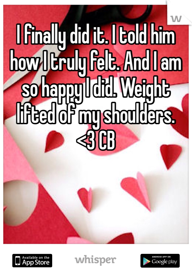 I finally did it. I told him how I truly felt. And I am so happy I did. Weight lifted of my shoulders.
<3 CB