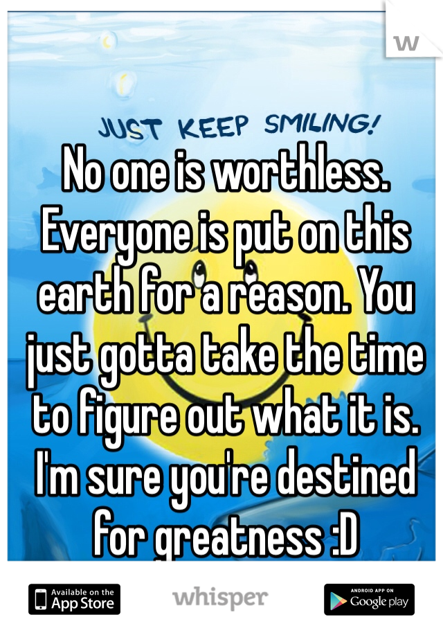 No one is worthless. Everyone is put on this earth for a reason. You just gotta take the time to figure out what it is. I'm sure you're destined for greatness :D 