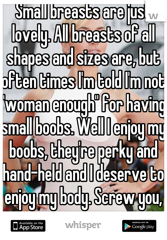 Small breasts are just lovely. All breasts of all shapes and sizes are, but often times I'm told I'm not "woman enough" for having small boobs. Well I enjoy my boobs, they're perky and hand-held and I deserve to enjoy my body. Screw you, society