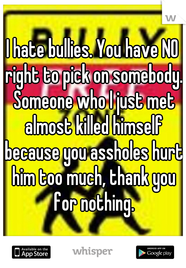 I hate bullies. You have NO right to pick on somebody. Someone who I just met almost killed himself because you assholes hurt him too much, thank you for nothing.