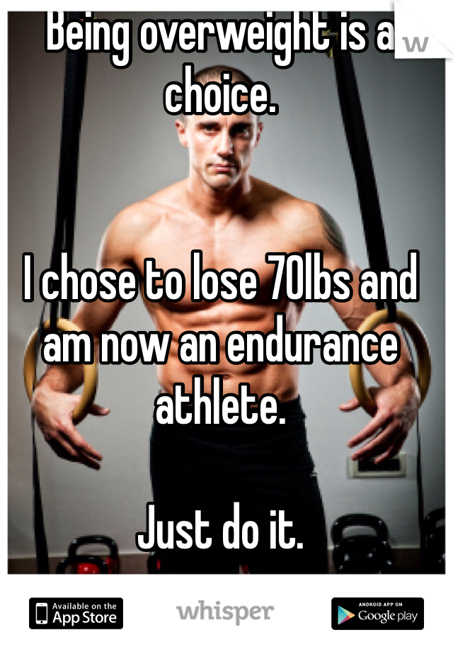 Being overweight is a choice. 


I chose to lose 70lbs and am now an endurance athlete. 

Just do it. 