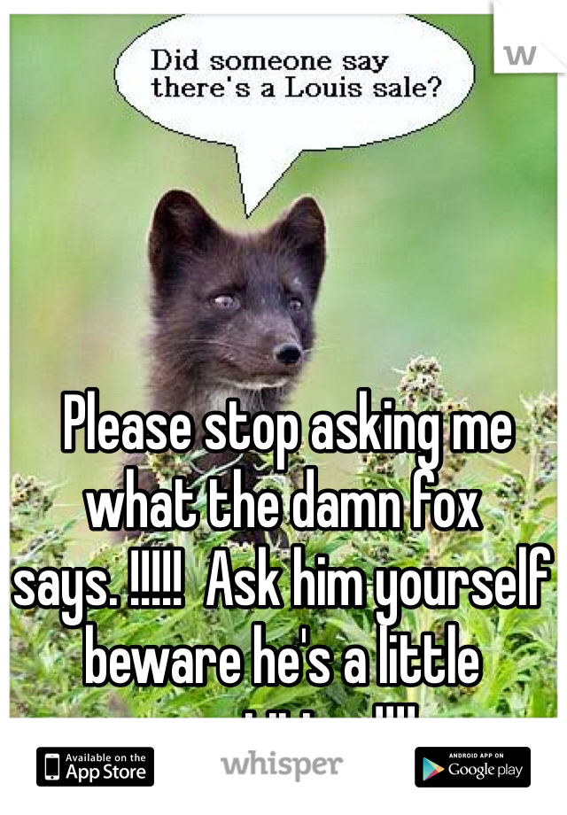  Please stop asking me what the damn fox says. !!!!!  Ask him yourself beware he's a little repetitive !!!!