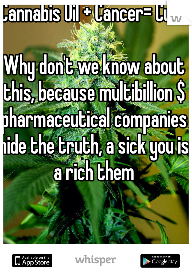 Cannabis Oil + Cancer= Cure

Why don't we know about this, because multibillion $ pharmaceutical companies hide the truth, a sick you is a rich them