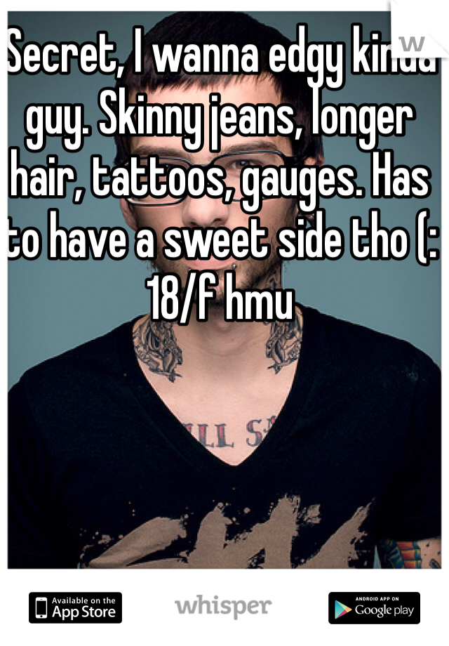 Secret, I wanna edgy kinda guy. Skinny jeans, longer hair, tattoos, gauges. Has to have a sweet side tho (: 
18/f hmu 