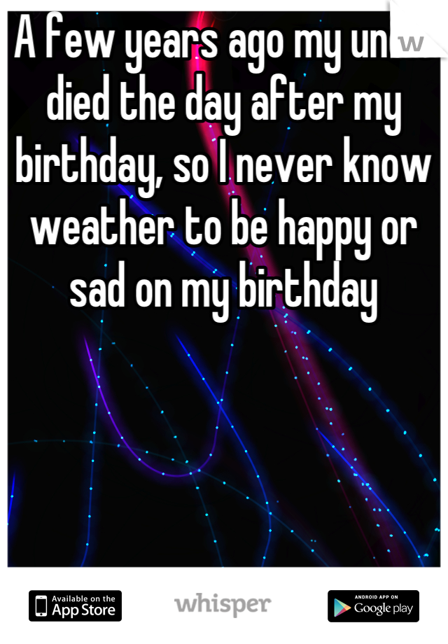 A few years ago my uncle died the day after my birthday, so I never know weather to be happy or sad on my birthday