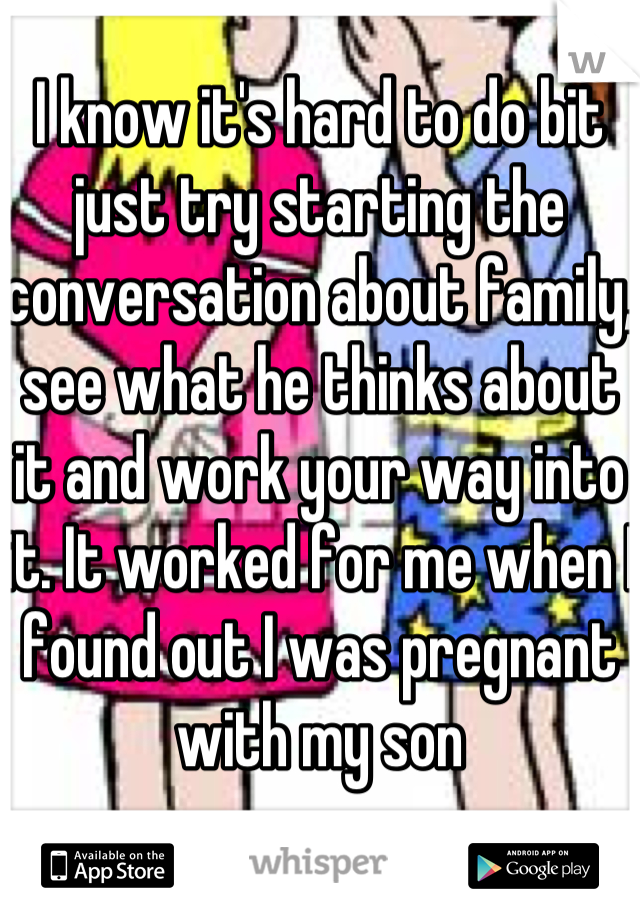 I know it's hard to do bit just try starting the conversation about family, see what he thinks about it and work your way into it. It worked for me when I found out I was pregnant with my son