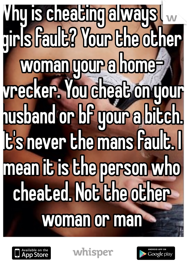 Why is cheating always the girls fault? Your the other woman your a home-wrecker. You cheat on your husband or bf your a bitch. It's never the mans fault. I mean it is the person who cheated. Not the other woman or man