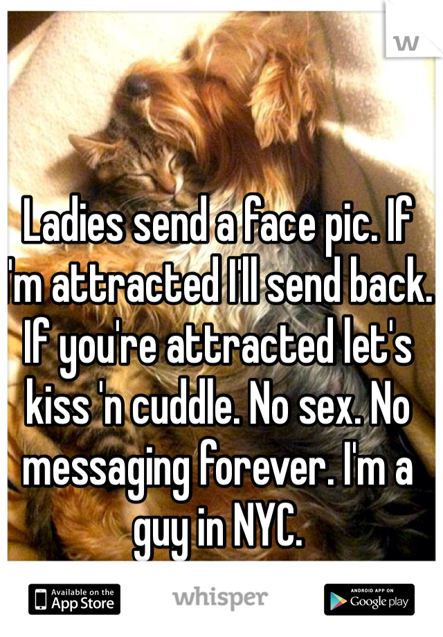 Ladies send a face pic. If I'm attracted I'll send back. If you're attracted let's kiss 'n cuddle. No sex. No messaging forever. I'm a guy in NYC. 