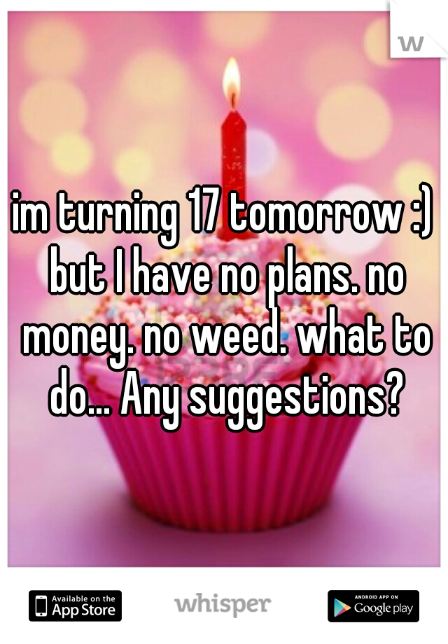 im turning 17 tomorrow :) but I have no plans. no money. no weed. what to do... Any suggestions?