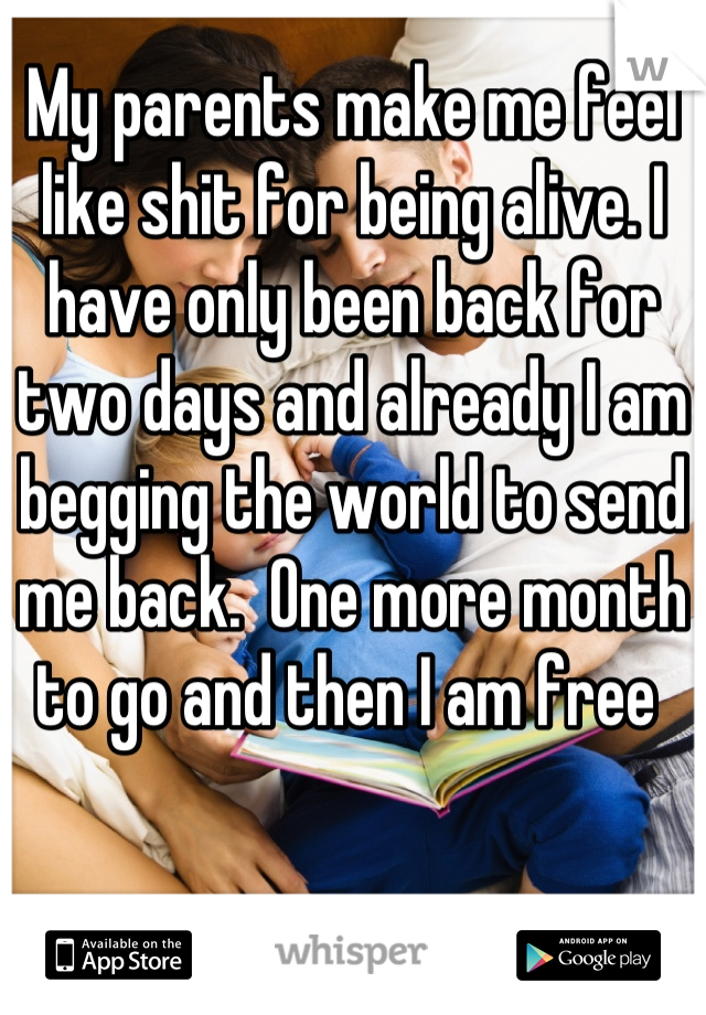 My parents make me feel like shit for being alive. I have only been back for two days and already I am begging the world to send me back.  One more month to go and then I am free 
